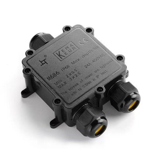 Schwarze Abzweigdose zur Weiterleitung, 3-polig - IP68 wasserdicht, für Kabelverbindungen, Ø4-8mm Kabel