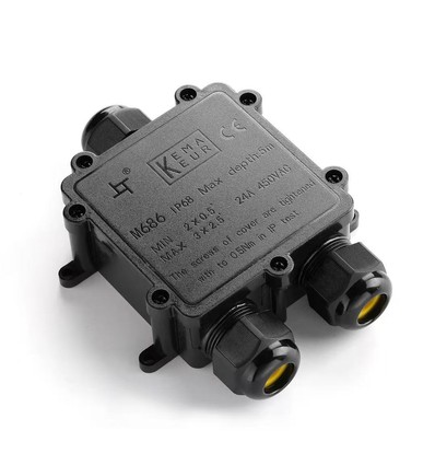 Schwarze Abzweigdose zur Weiterleitung, 3-polig - IP68 wasserdicht, für Kabelverbindungen, Ø4-8mm Kabel
