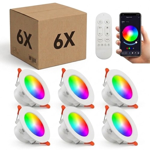 6er Set RGB+CCT Smart Home Downlight - 5W LED, Bluetooth, Fernbedienung, Google Home & Alexa kompatibel