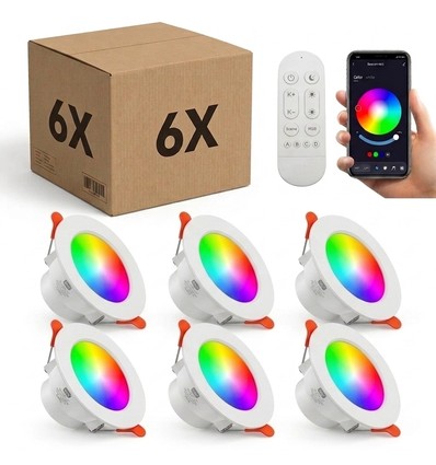 6er Set RGB+CCT Smart Home Downlight - 5W LED, Bluetooth, Fernbedienung, Google Home & Alexa kompatibel