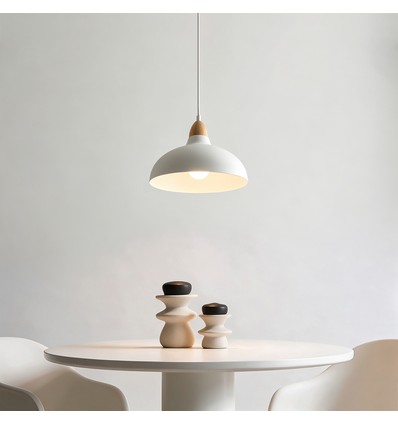 BIRK Weiß Ø24cm Pendelleuchte - E27 Fassung, 2m Kabel, Metall / Holz