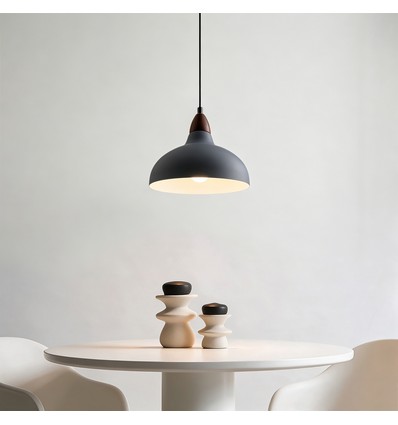 BIRK Grau Ø19cm Pendelleuchte - E27 Fassung, 2m Kabel, Metall / Holz