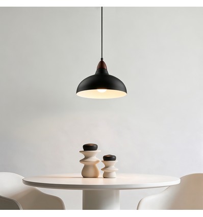 BIRK Schwarz Ø24cm Pendelleuchte - E27 Fassung, 2m Kabel, Metall / Holz