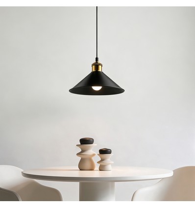 Schwarze Ø22cm Pendelleuchte - E27 Fassung, 2m Kabel, Schwarz/Messing