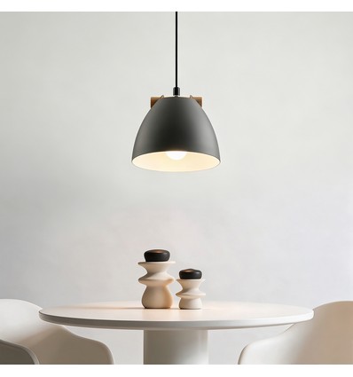 Graue Ø16cm Pendelleuchte - E27 Fassung, 2m Kabel, Metall / Holz