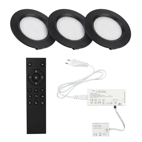 3x Reco68 Möbelspot dimmbar, Schwarz - Wählen Sie RF/WiFi/Zigbee Netzteil (Fernbedienung inkl.)