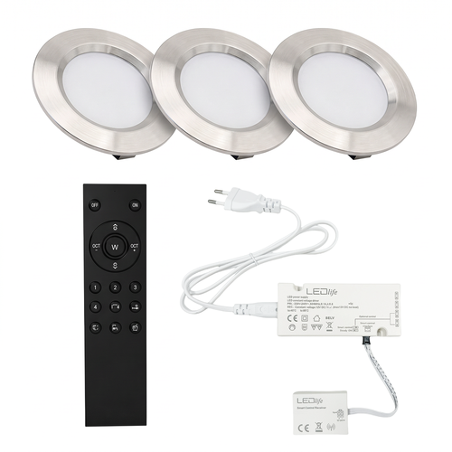 3x Reco68 Möbelspot dimmbar, Gebürsteter Stahl - Wählen Sie RF/WiFi/Zigbee Netzteil (Fernbedienung inkl.)