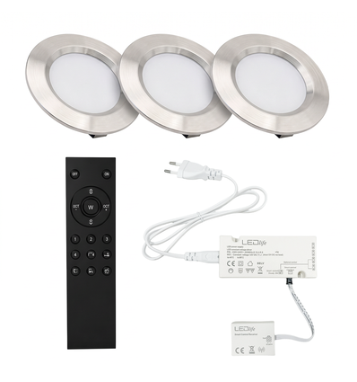 3x Reco68 Möbelspot dimmbar, Gebürsteter Stahl - Wählen Sie RF/WiFi/Zigbee Netzteil (Fernbedienung inkl.)