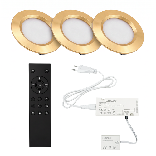 3x Reco68 Möbelspot dimmbar, Gold - Wählen Sie RF/WiFi/Zigbee Netzteil (Fernbedienung inkl.)