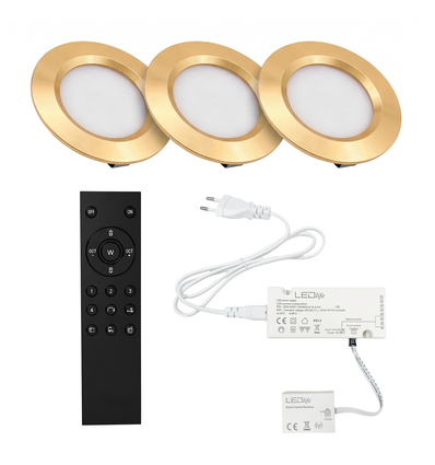 3x Reco68 Möbelspot dimmbar, Gold - Wählen Sie RF/WiFi/Zigbee Netzteil (Fernbedienung inkl.)