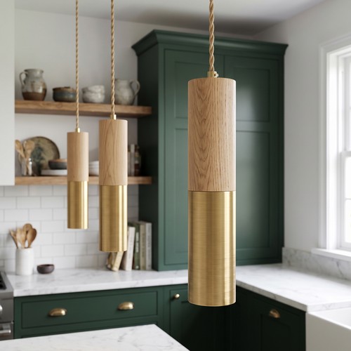 MALM E14 Zylinder-Pendelleuchte Gold/Holz - 2m Kabel, mit Rosette, ohne Leuchtmittel