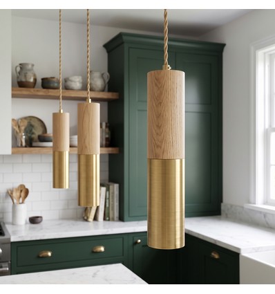 MALM E14 Zylinder-Pendelleuchte Gold/Holz - 2m Kabel, mit Rosette, ohne Leuchtmittel