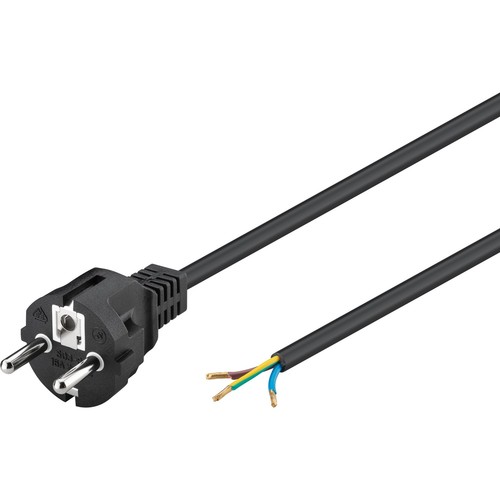 2 Meter Stromkabel - 250V, IP20 Innenbereich, Schwarz, Schuko-Stecker und Aderendhülsen zum Verbinden, 16A