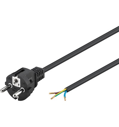 2 Meter Stromkabel - 250V, IP20 Innenbereich, Schwarz, Schuko-Stecker und Aderendhülsen zum Verbinden, 16A