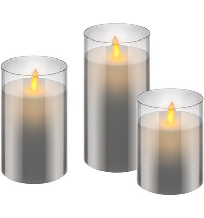 3er-Pack graue LED-Wachskerzen im Glas - Batterie, Timerfunktion