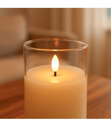 Nahaufnahme der realistischen Flammen-Optik und der Wachstextur einer LED Kerze im Glas.