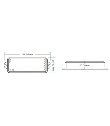 Technische Maße und Details eines RGB+CCT Controllers zur Klärung technischer Fragen.
